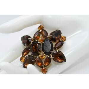 Vintage Topaz Rhinestone Brooch Gold Tone Faceted Glass 1960s 2 1/4 Inch